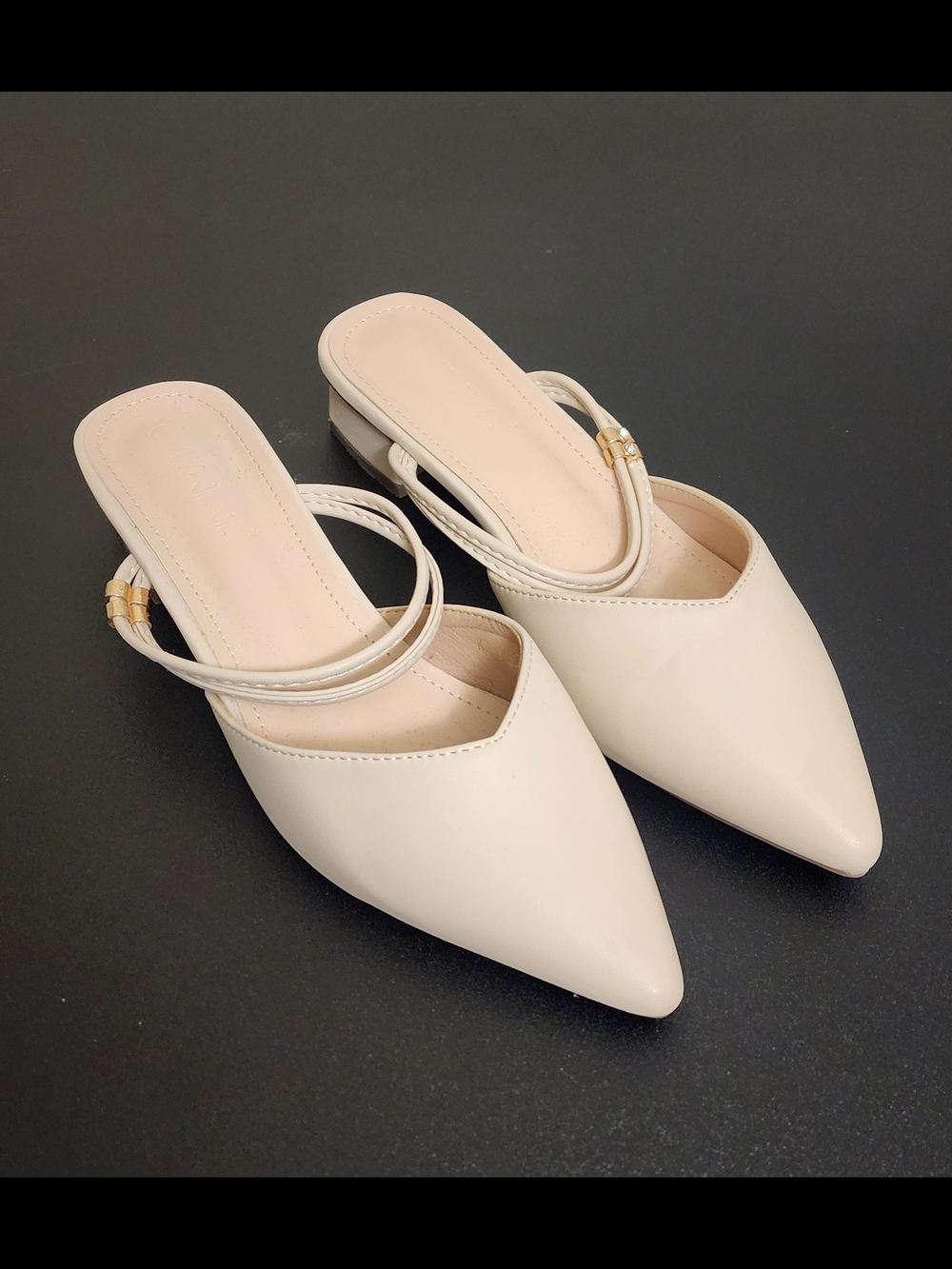 Pointed Toe Slip-On Mules with Double Strap in Cream